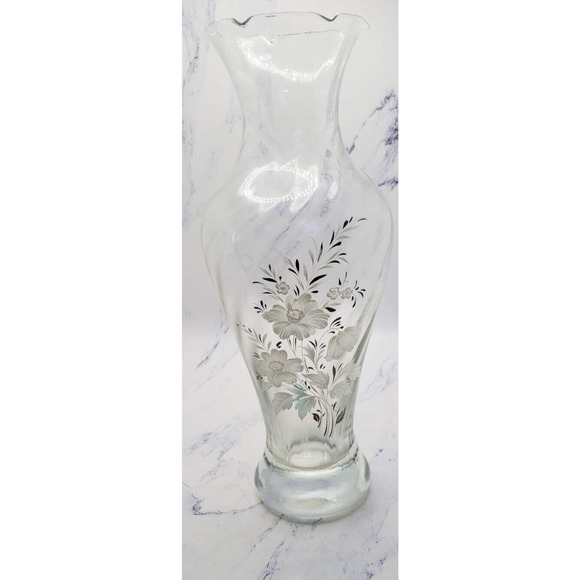 Clear Crystal Glass 25th Anniversary 8 Inch Vase With Flower Etching - Picture 1 of 7